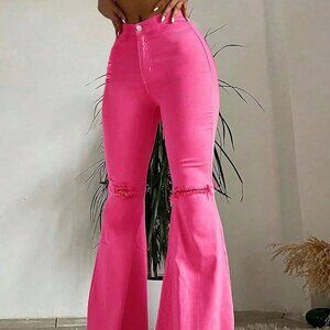 Hot Pink Casual Women's Fitting Perforated Flared Jeans Classic High Waisted